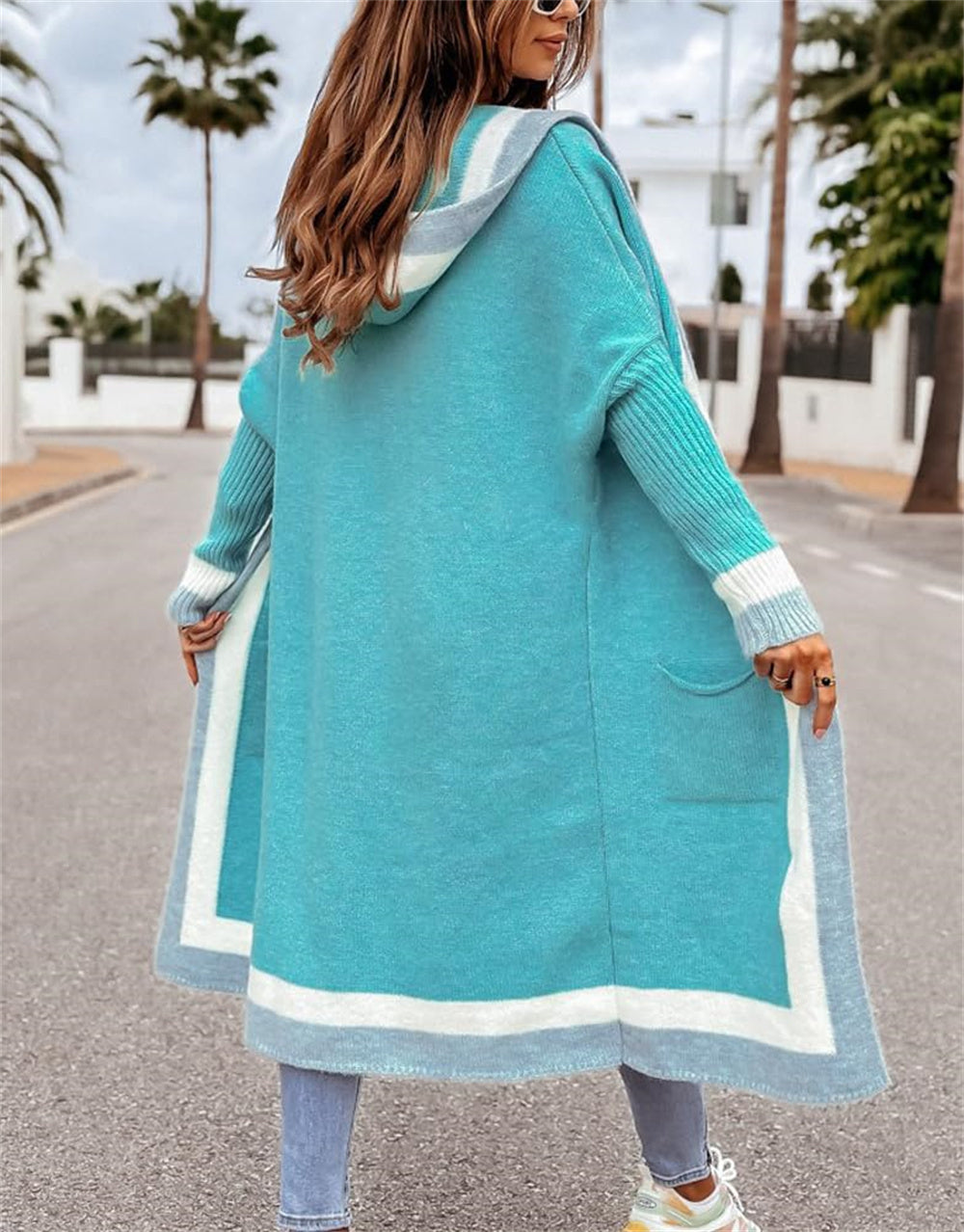 Chouyatou Women's Color Block Vertical Striped Open Front Oversized Hooded Long Cardigan Sweaters with Pockets