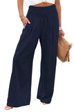 Chouyatou Women's Smocked High Waisted Cotton Linen Wide Leg Pants Palazzo with Pockets