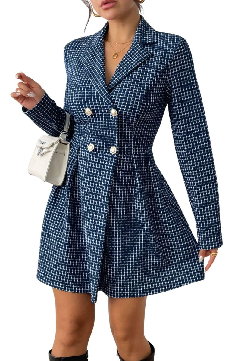 Chouyatou Women's Fall Plaid Tweed Dress Notched Lapel Double Breasted Elegant A Line Mini Jackie Dress