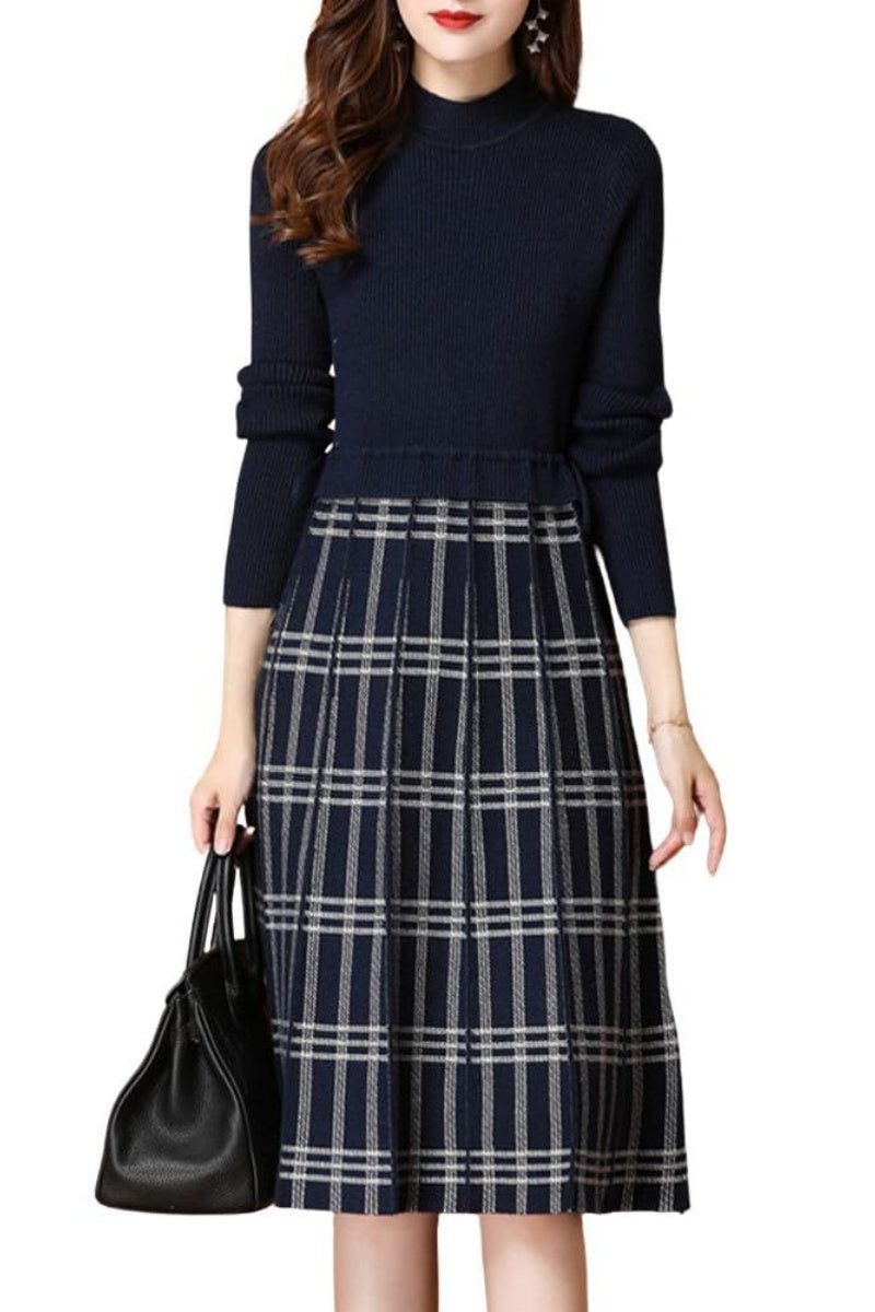 Chouyatou Women's Vintage Plaid Checkered Color Block A Line Pleated Knitted Sweater Midi Long Dress