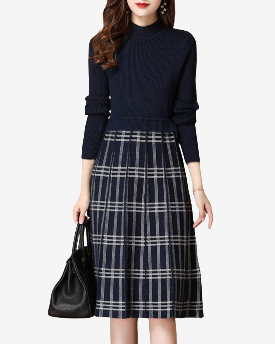 Chouyatou Women's Vintage Plaid Checkered Color Block A Line Pleated Knitted Sweater Midi Long Dress