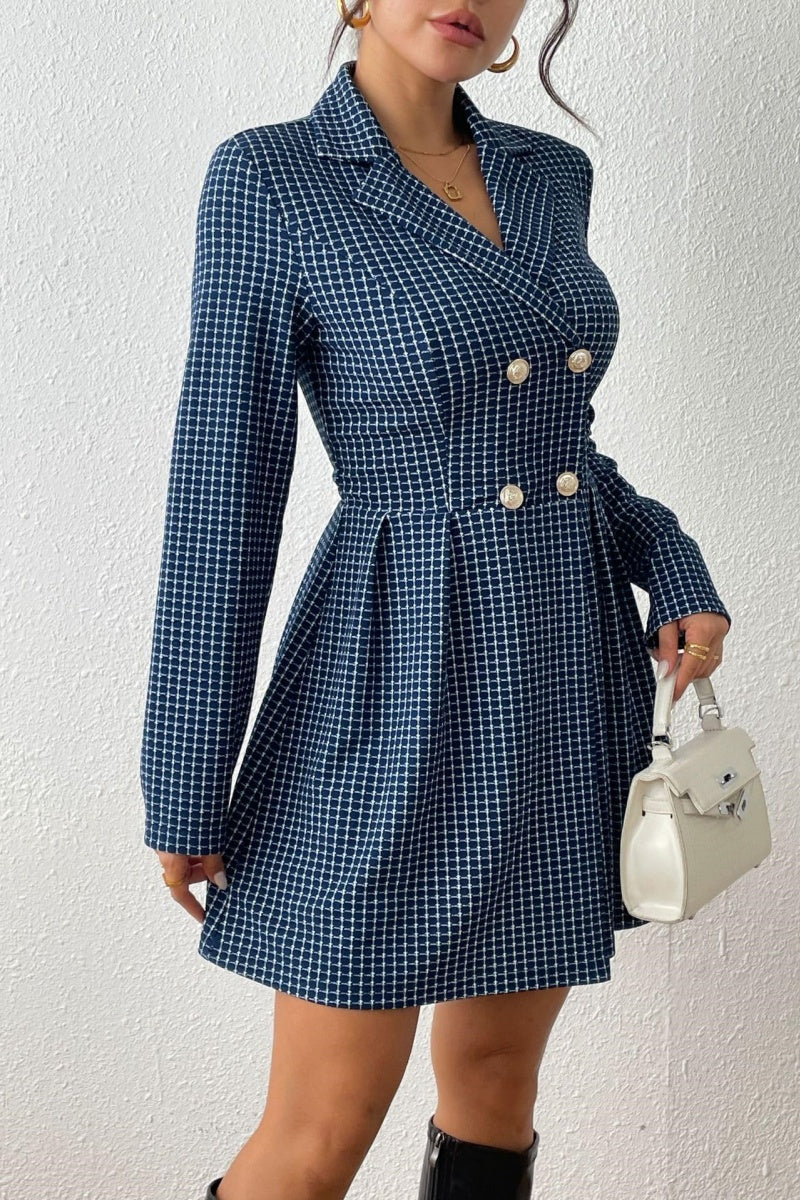 Chouyatou Women's Fall Plaid Tweed Dress Notched Lapel Double Breasted Elegant A Line Mini Jackie Dress