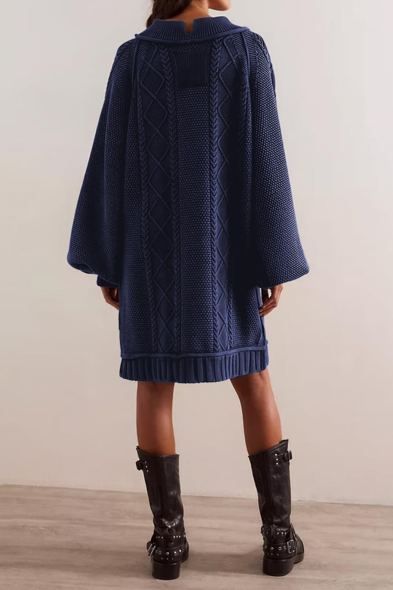 Chouyatou Women's Babydoll Cute Lantern Sleeve Sweater Mini Dress Woven Twisted Baggy Loose Cable Knit Sweater Pullover