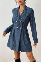 Chouyatou Women's Fall Plaid Tweed Dress Notched Lapel Double Breasted Elegant A Line Mini Jackie Dress