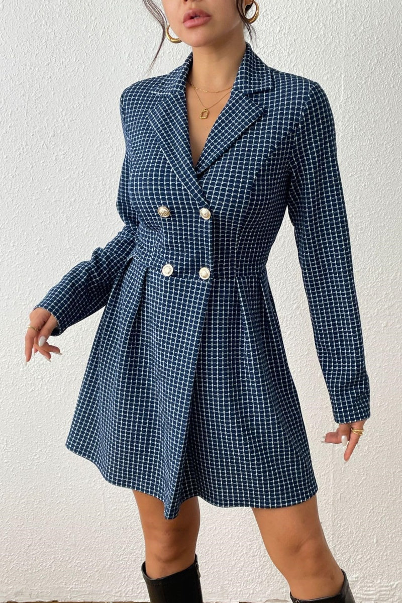 Chouyatou Women's Fall Plaid Tweed Dress Notched Lapel Double Breasted Elegant A Line Mini Jackie Dress