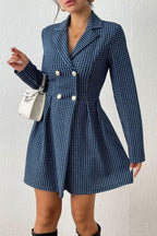 Chouyatou Women's Fall Plaid Tweed Dress Notched Lapel Double Breasted Elegant A Line Mini Jackie Dress