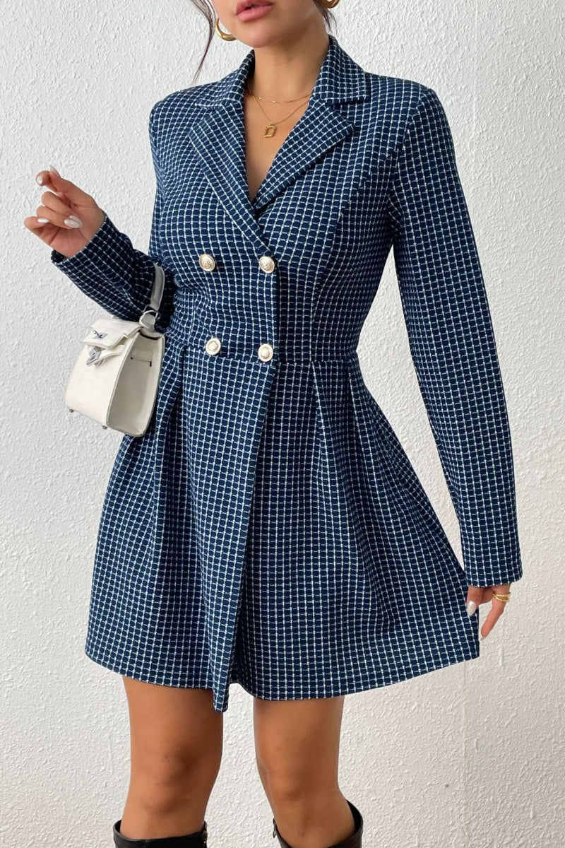 Chouyatou Women's Fall Plaid Tweed Dress Notched Lapel Double Breasted Elegant A Line Mini Jackie Dress