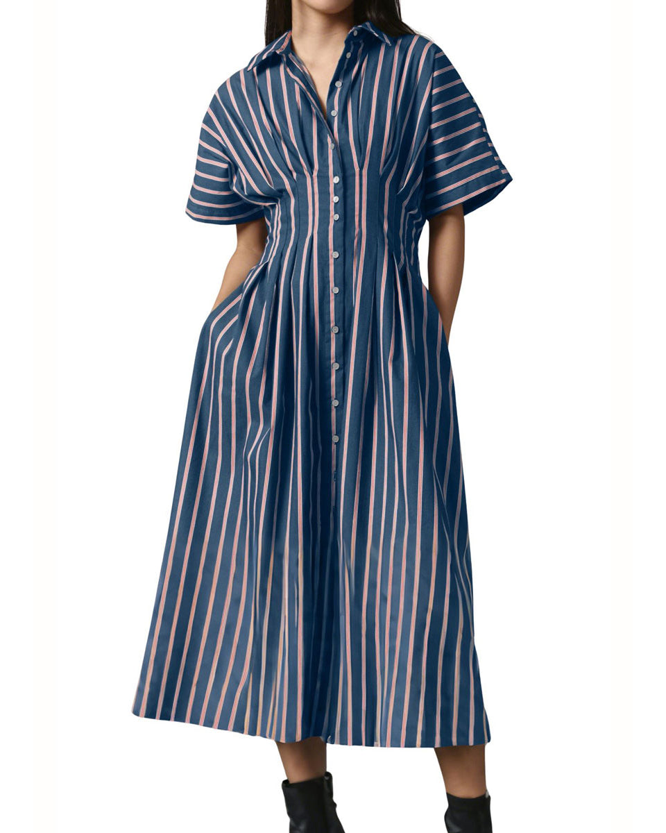 Chouyatou Women's Contrast Color Striped Shirt Dress Pleated Button Down Maxi Long Tunic Dress