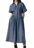 Chouyatou Women's Contrast Color Striped Shirt Dress Pleated Button Down Maxi Long Tunic Dress