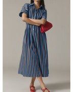 Chouyatou Women's Contrast Color Striped Shirt Dress Pleated Button Down Maxi Long Tunic Dress