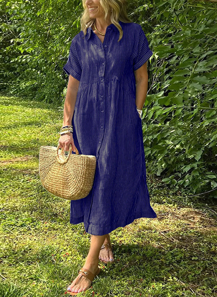 Chouyatou Women's Summer Striped Midi Long Shirt Dress Casual Loose Short Sleeve Button Down Dress