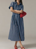 Chouyatou Women's Contrast Color Striped Shirt Dress Pleated Button Down Maxi Long Tunic Dress