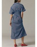 Chouyatou Women's Contrast Color Striped Shirt Dress Pleated Button Down Maxi Long Tunic Dress