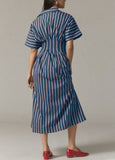 Chouyatou Women's Contrast Color Striped Shirt Dress Pleated Button Down Maxi Long Tunic Dress