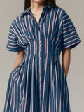Chouyatou Women's Contrast Color Striped Shirt Dress Pleated Button Down Maxi Long Tunic Dress