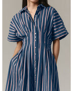 Chouyatou Women's Contrast Color Striped Shirt Dress Pleated Button Down Maxi Long Tunic Dress