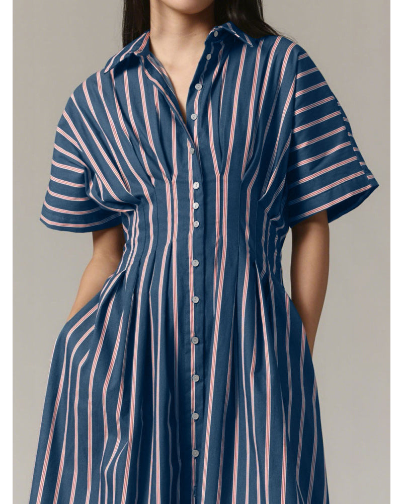 Chouyatou Women's Contrast Color Striped Shirt Dress Pleated Button Down Maxi Long Tunic Dress