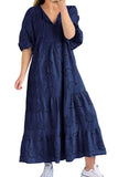 Chouyatou Women's Summer Loose Floral Lace Eyelet Dress Boho Casual Notch Neck Maxi Tunic Beach Dress
