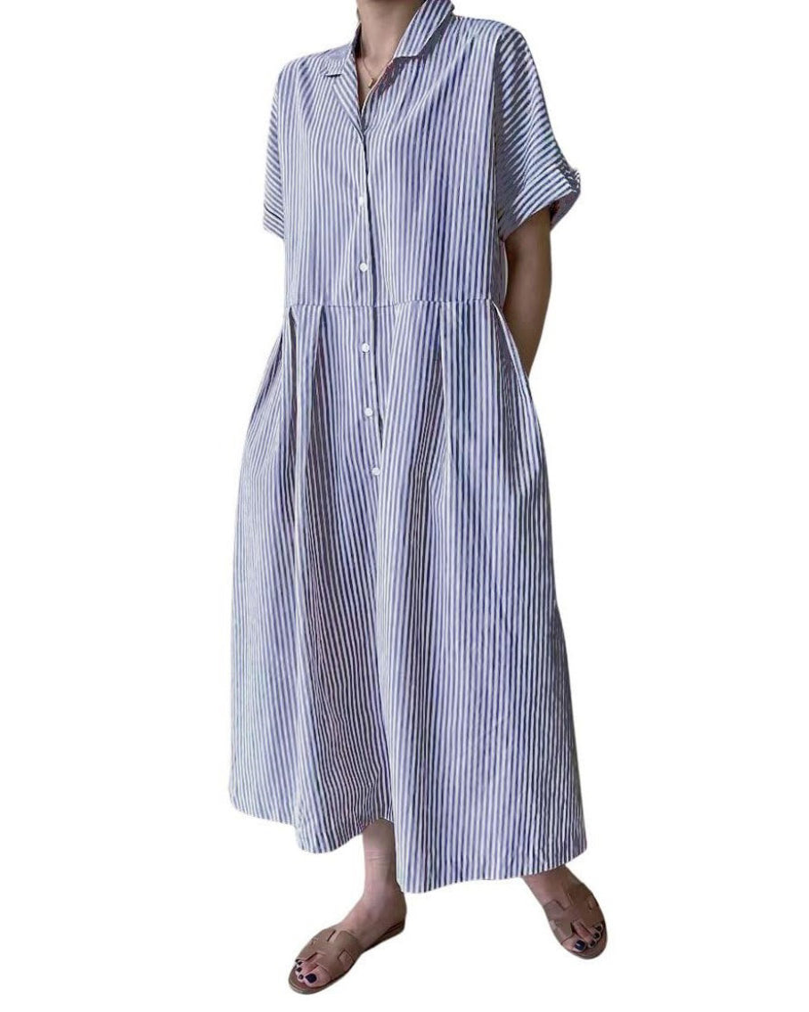 Chouyatou Women's Cotton Striped Shirt Dress Button Up Short Sleeve Midi Long Shift Dress with Pockets