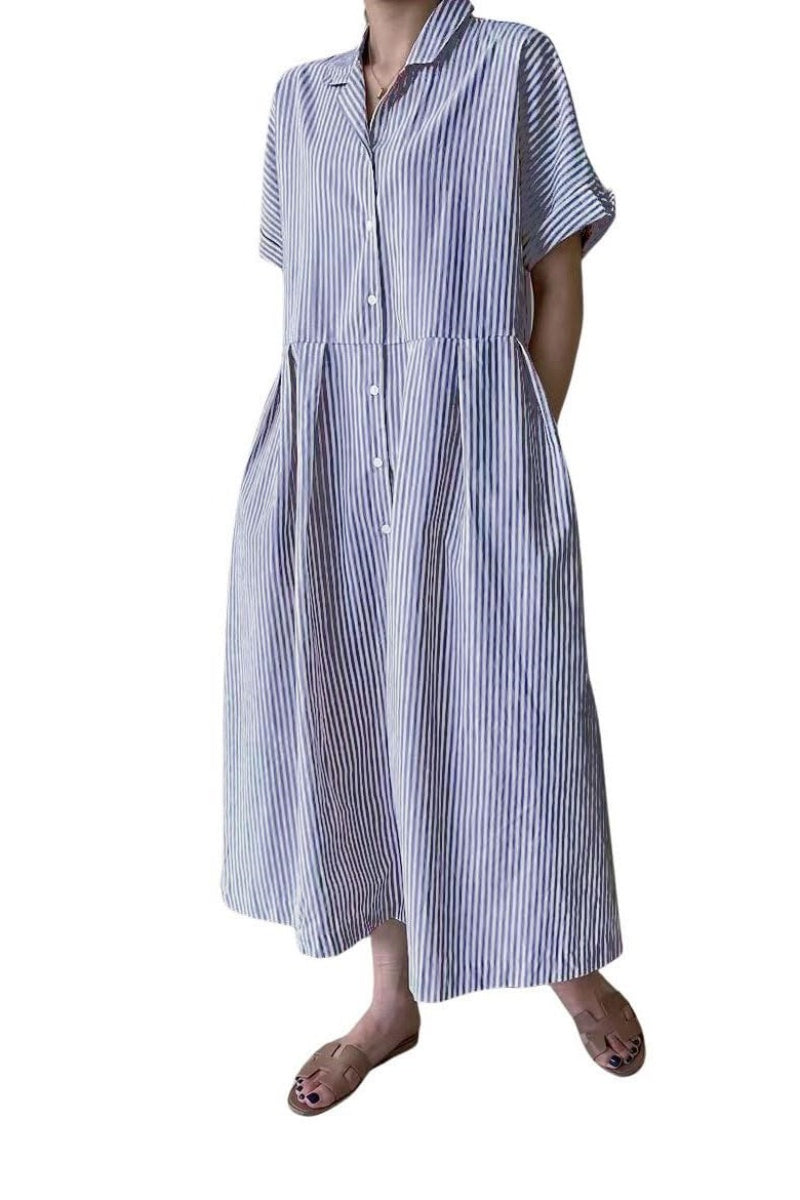 Chouyatou Women's Cotton Striped Shirt Dress Button Up Short Sleeve Midi Long Shift Dress with Pockets