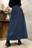 Chouyatou Women's Corduroy Maxi Skirt Elastic High Waist Drawstring Tie Front A-Line Pleated Long Skirt with Pockets