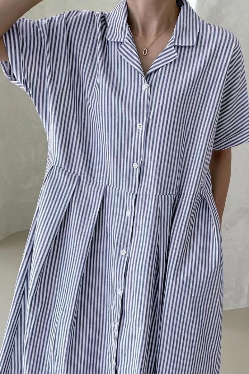 Chouyatou Women's Cotton Striped Shirt Dress Button Up Short Sleeve Midi Long Shift Dress with Pockets