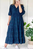 Chouyatou Women's Summer Loose Floral Lace Eyelet Dress Boho Casual Notch Neck Maxi Tunic Beach Dress