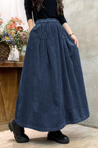 Chouyatou Women's Corduroy Maxi Skirt Elastic High Waist Drawstring Tie Front A-Line Pleated Long Skirt with Pockets