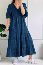 Chouyatou Women's Summer Loose Floral Lace Eyelet Dress Boho Casual Notch Neck Maxi Tunic Beach Dress
