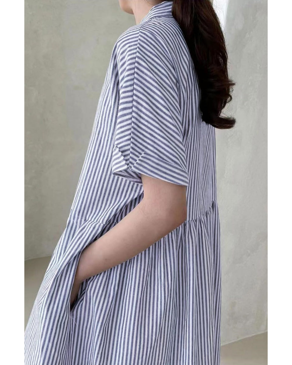 Chouyatou Women's Cotton Striped Shirt Dress Button Up Short Sleeve Midi Long Shift Dress with Pockets