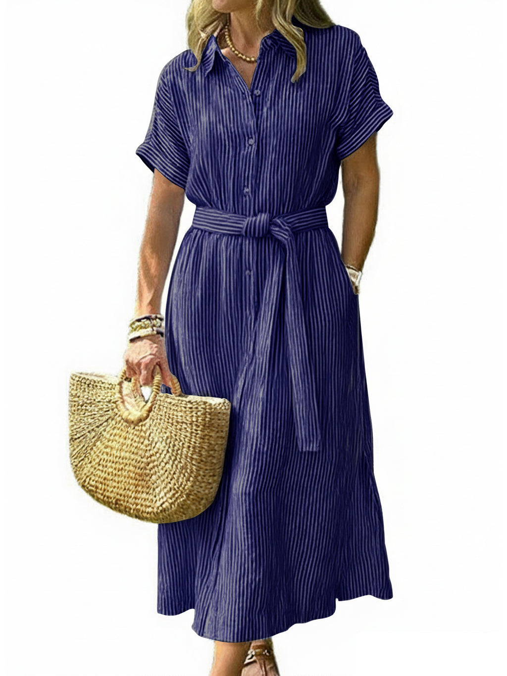 Chouyatou Women's Summer Boho Belted Striped Shirt Dress Casual Loose Short Sleeve Midi Long Beach Dress