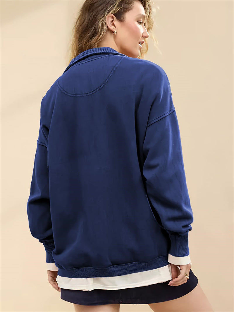 Chouyatou Women's Fashion V Neck Snap Button Long Sleeve Casual Loose Pullover Sweatshirt Activewear