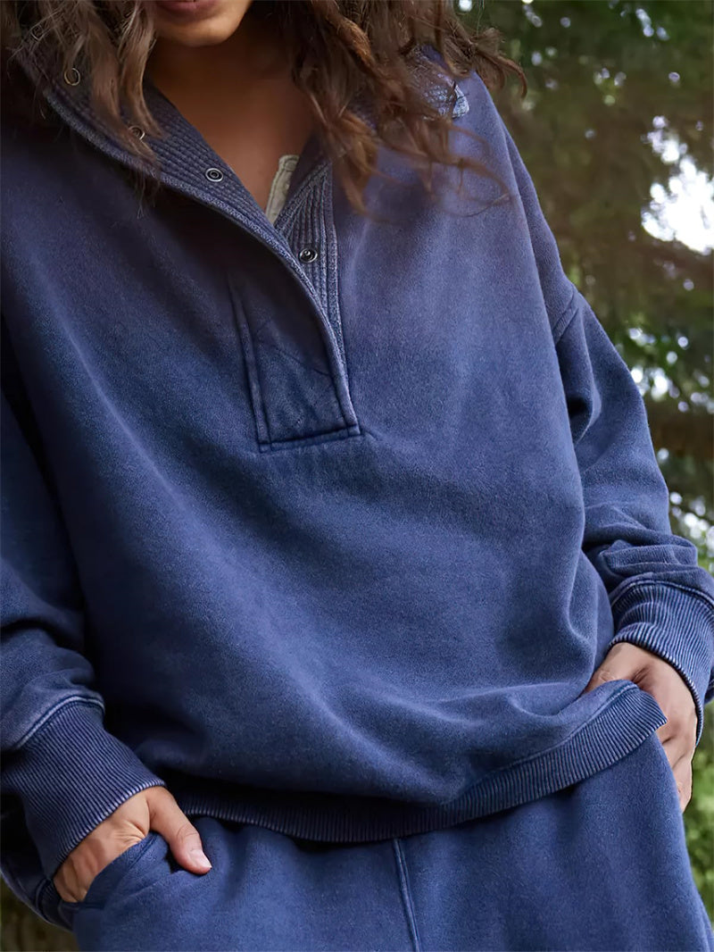Chouyatou Women's Fashion V Neck Snap Button Long Sleeve Casual Loose Pullover Sweatshirt Activewear
