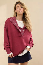 Chouyatou Women's Fashion V Neck Snap Button Long Sleeve Casual Loose Pullover Sweatshirt Activewear