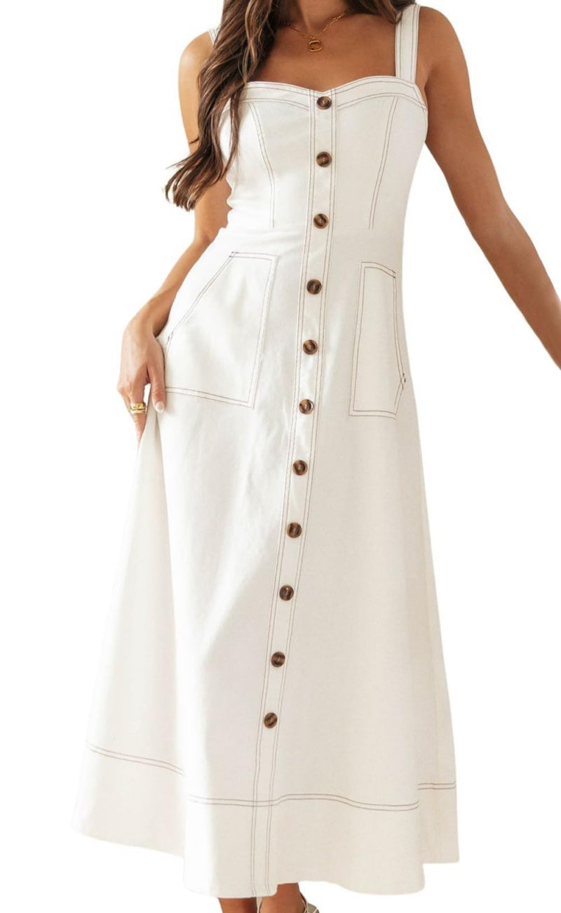 Chouyatou Women's Adjustable Strap Midi Long Denim Dress Button Down A-Line Swing Flowy Jean Dress