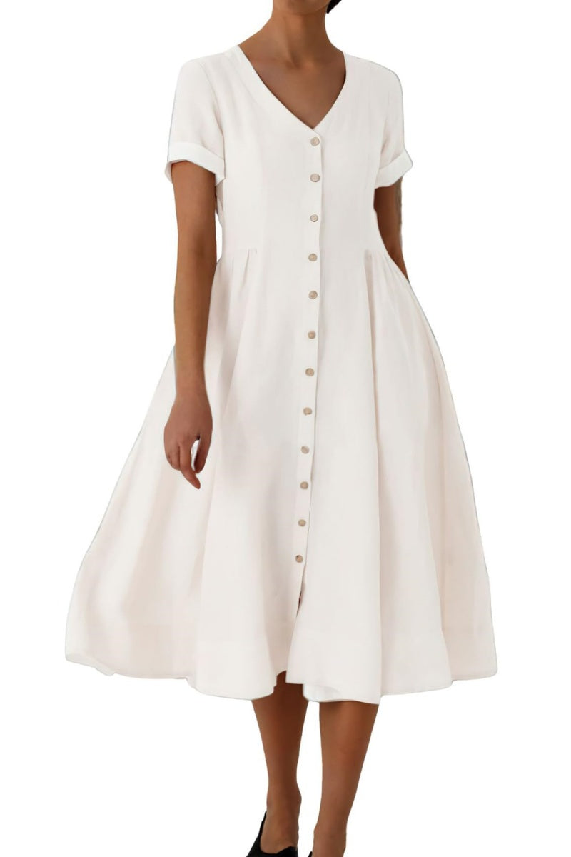 Chouyatou Women's Summer Fit and Flare Swing Cotton Dress Casual V-Neck Button Down Beach Midi Dress
