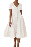Chouyatou Women's Summer Fit and Flare Swing Cotton Dress Casual V-Neck Button Down Beach Midi Dress