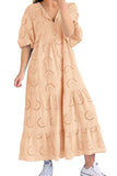 Chouyatou Women's Summer Loose Floral Lace Eyelet Dress Boho Casual Notch Neck Maxi Tunic Beach Dress