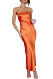 Chouyatou Women's Summer Satin Silk Maxi Bodycon Dresses Strapless Tube Backless Hollow Out Elegant Long Party Club Dress