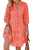 Chouyatou Women's 2025 Eyelet Lace Midi Dress V Neck Puff 3/4 Sleeve Button Tiered Sexy A Line Sun Dress
