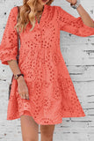 Chouyatou Women's 2025 Eyelet Lace Midi Dress V Neck Puff 3/4 Sleeve Button Tiered Sexy A Line Sun Dress