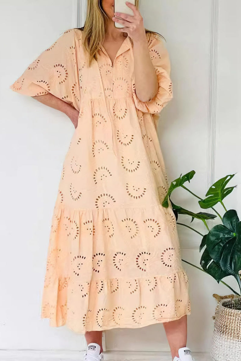 Chouyatou Women's Summer Loose Floral Lace Eyelet Dress Boho Casual Notch Neck Maxi Tunic Beach Dress