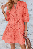 Chouyatou Women's 2025 Eyelet Lace Midi Dress V Neck Puff 3/4 Sleeve Button Tiered Sexy A Line Sun Dress