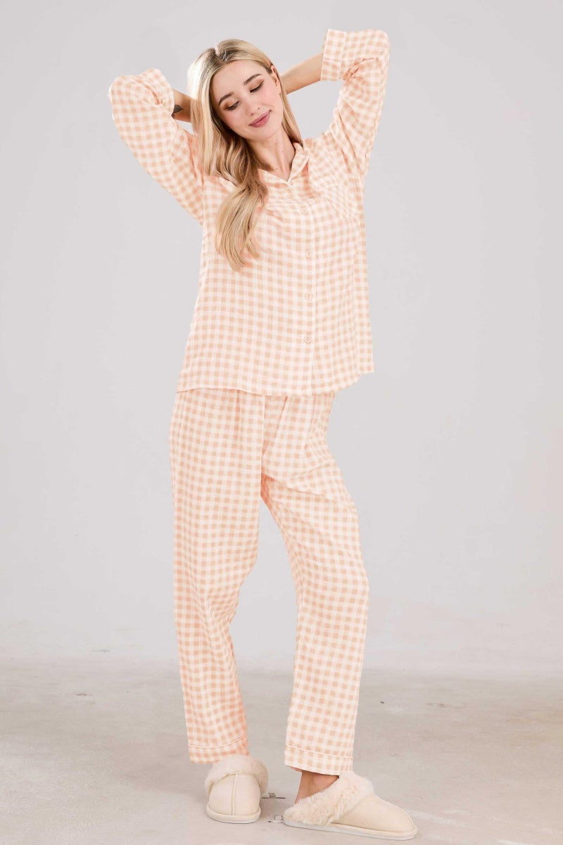 Chouyatou Cotton Pajama Sets Long Sleeve Button Down Shirt and Pants Sleepwear 2 Piece Gingham Pj Set