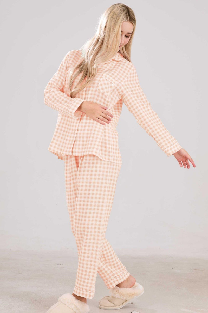Chouyatou Cotton Pajama Sets Long Sleeve Button Down Shirt and Pants Sleepwear 2 Piece Gingham Pj Set