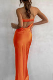 Chouyatou Women's Summer Satin Silk Maxi Bodycon Dresses Strapless Tube Backless Hollow Out Elegant Long Party Club Dress