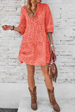 Chouyatou Women's 2025 Eyelet Lace Midi Dress V Neck Puff 3/4 Sleeve Button Tiered Sexy A Line Sun Dress