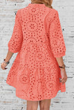 Chouyatou Women's 2025 Eyelet Lace Midi Dress V Neck Puff 3/4 Sleeve Button Tiered Sexy A Line Sun Dress