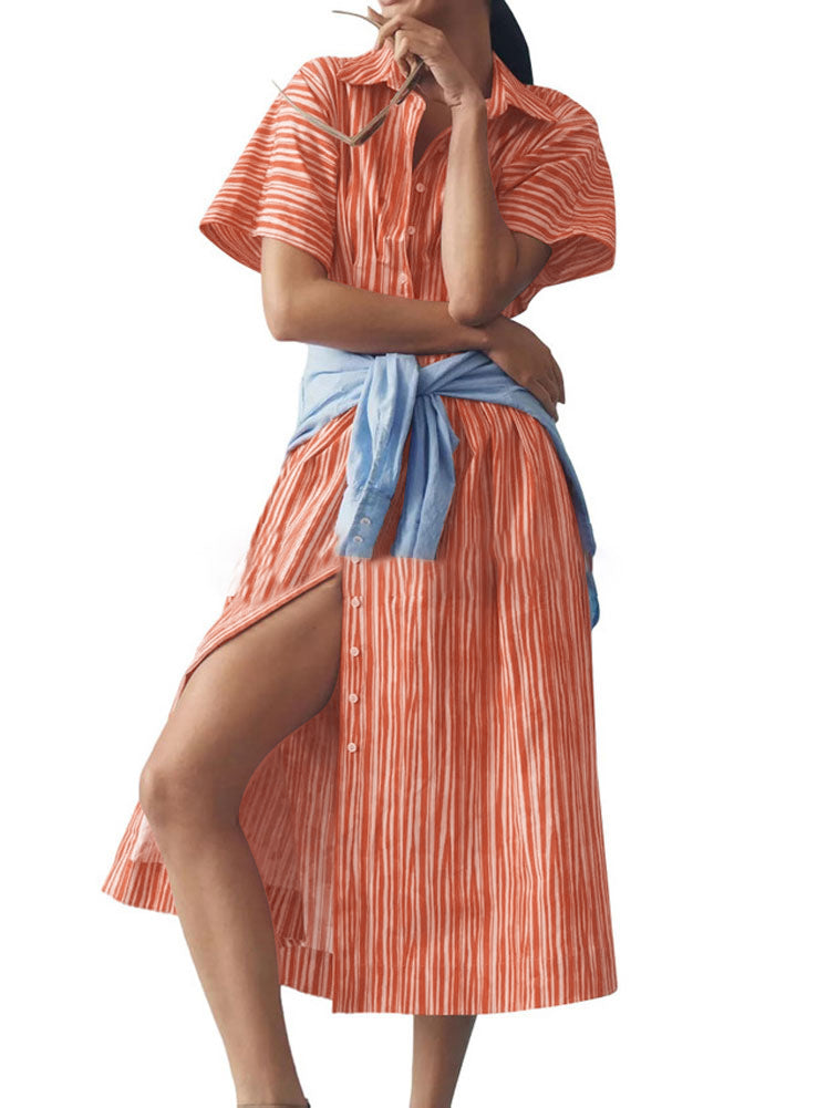 Chouyatou Women's Contrast Color Striped Shirt Dress Pleated Button Down Maxi Long Tunic Dress