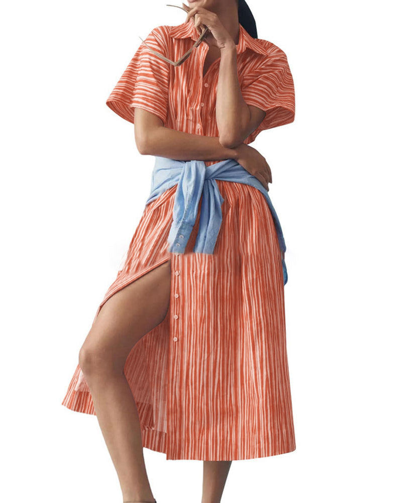Chouyatou Women's Contrast Color Striped Shirt Dress Pleated Button Down Maxi Long Tunic Dress